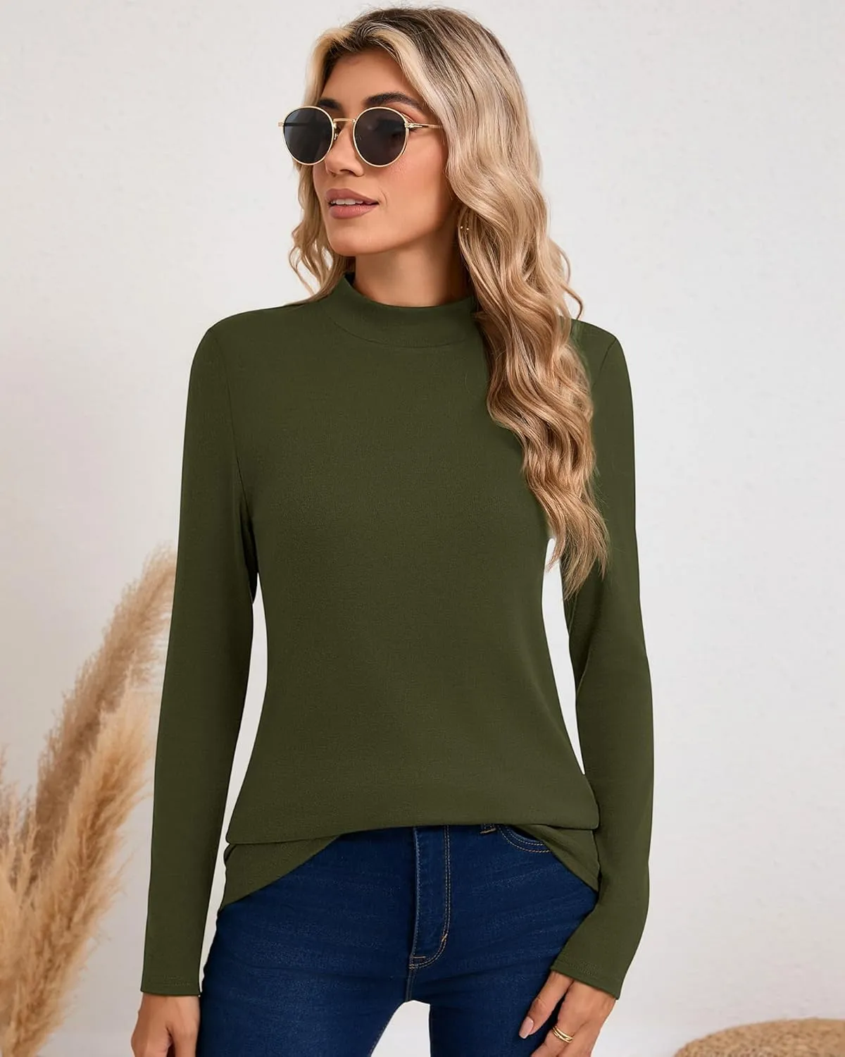 Riyiper 3 Pack Women's Mock Neck Tops, Long Sleeve Casual Shirts Slim Fitted Basic T Shirts Lightweight Base Layer Pullover
