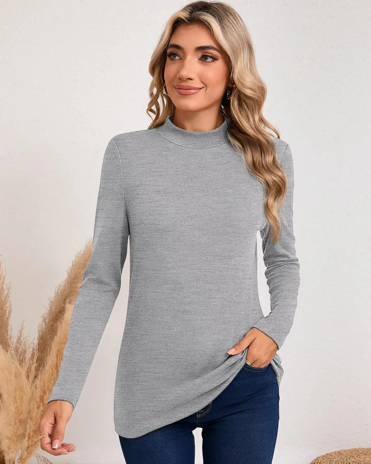 Riyiper 3 Pack Women's Mock Neck Tops, Long Sleeve Casual Shirts Slim Fitted Basic T Shirts Lightweight Base Layer Pullover