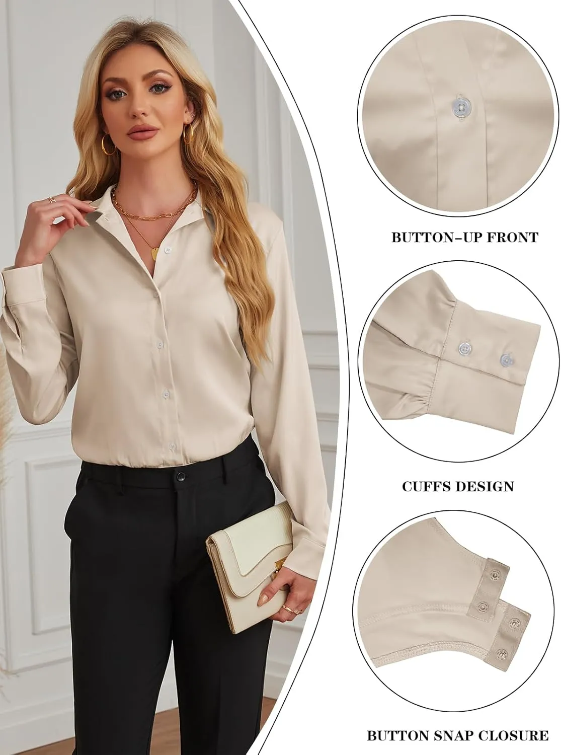 Sexyasasii Button Down Bodysuits for Women Long Sleeve Collared Shirt Solid Office Work Business Casual Satin Blouse Tops