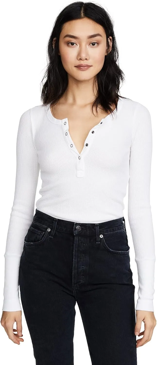 Splendid Women's Long Sleeve Thermal Henley Shirt | Cozy Pima Cotton Blend | White | Medium