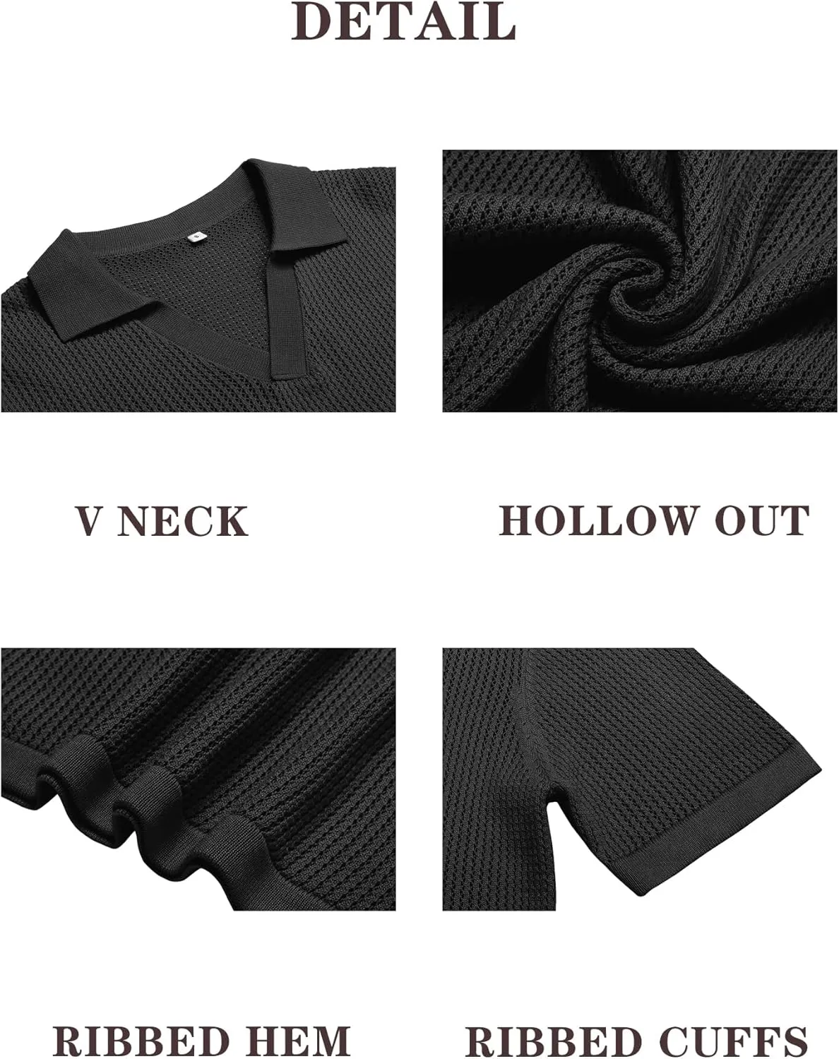 URRU Mens Polo Shirt Summer Casual Short Sleeve Hollow Out Shirts V Neck Lightweight Knitted Mesh Polo Shirt