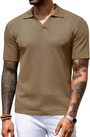 URRU Mens Polo Shirt Summer Casual Short Sleeve Hollow Out Shirts V Neck Lightweight Knitted Mesh Polo Shirt