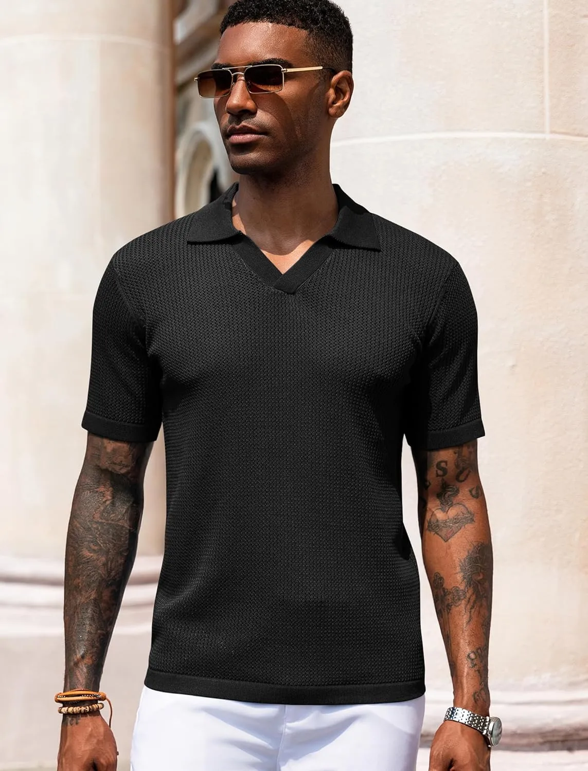 URRU Mens Polo Shirt Summer Casual Short Sleeve Hollow Out Shirts V Neck Lightweight Knitted Mesh Polo Shirt