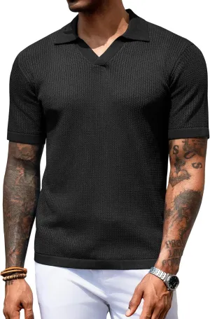 URRU Mens Polo Shirt Summer Casual Short Sleeve Hollow Out Shirts V Neck Lightweight Knitted Mesh Polo Shirt