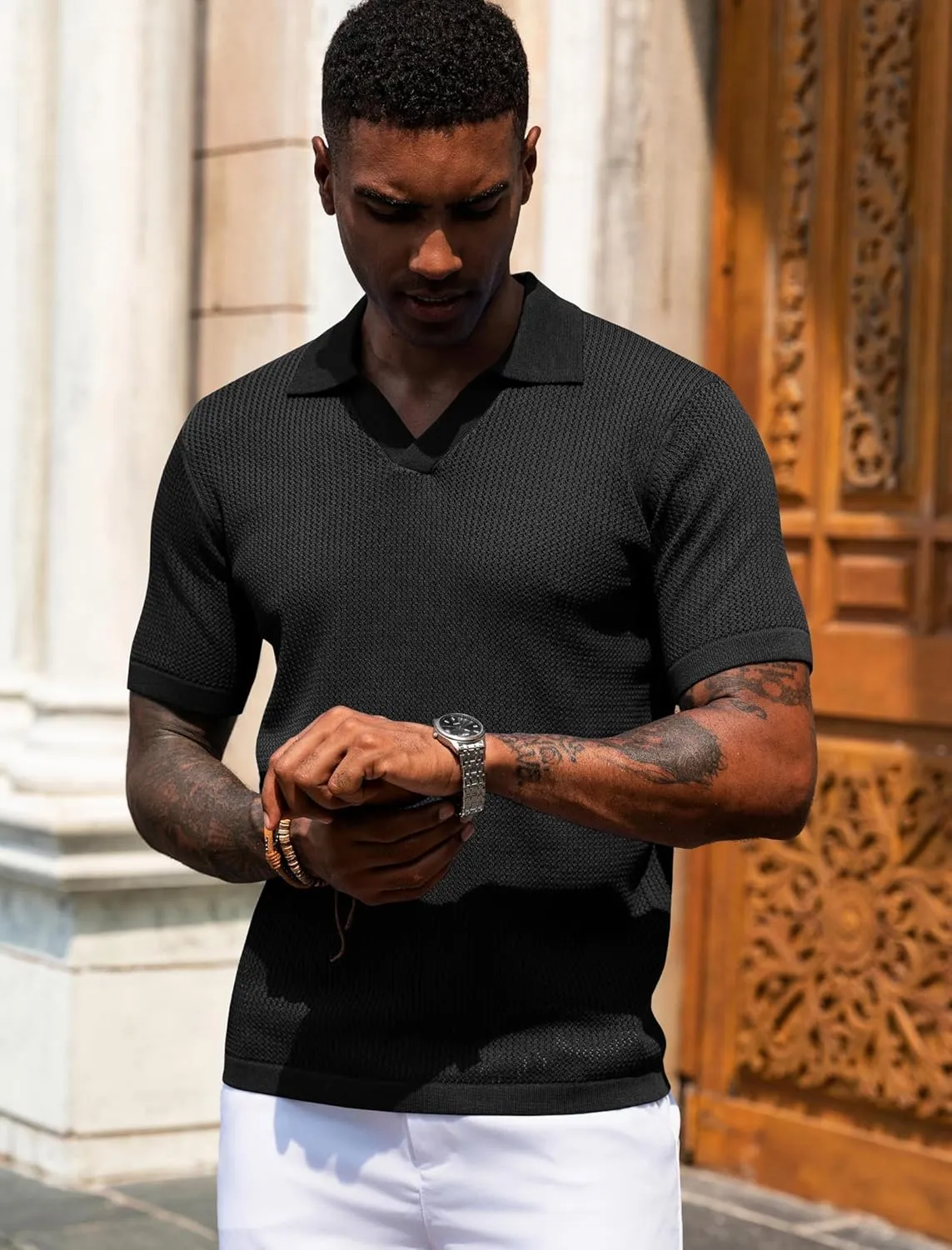 URRU Mens Polo Shirt Summer Casual Short Sleeve Hollow Out Shirts V Neck Lightweight Knitted Mesh Polo Shirt