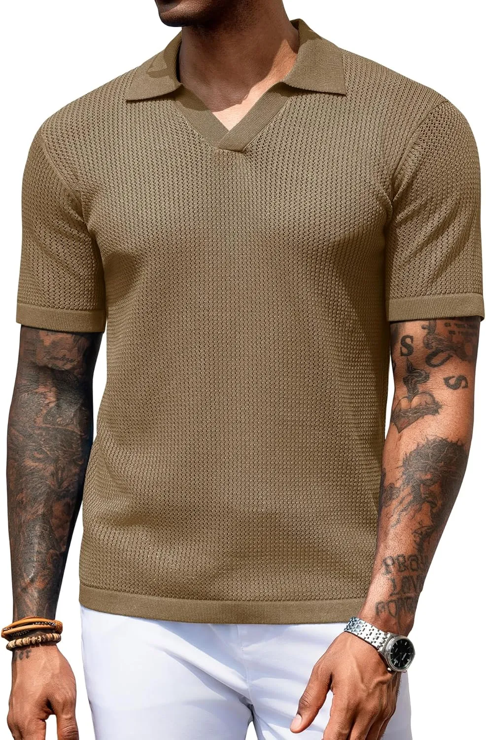 URRU Mens Polo Shirt Summer Casual Short Sleeve Hollow Out Shirts V Neck Lightweight Knitted Mesh Polo Shirt