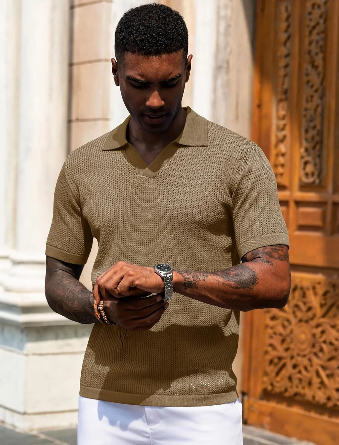 URRU Mens Polo Shirt Summer Casual Short Sleeve Hollow Out Shirts V Neck Lightweight Knitted Mesh Polo Shirt