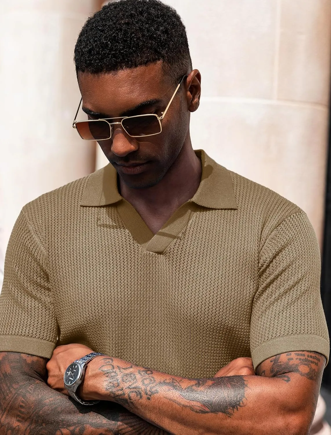 URRU Mens Polo Shirt Summer Casual Short Sleeve Hollow Out Shirts V Neck Lightweight Knitted Mesh Polo Shirt