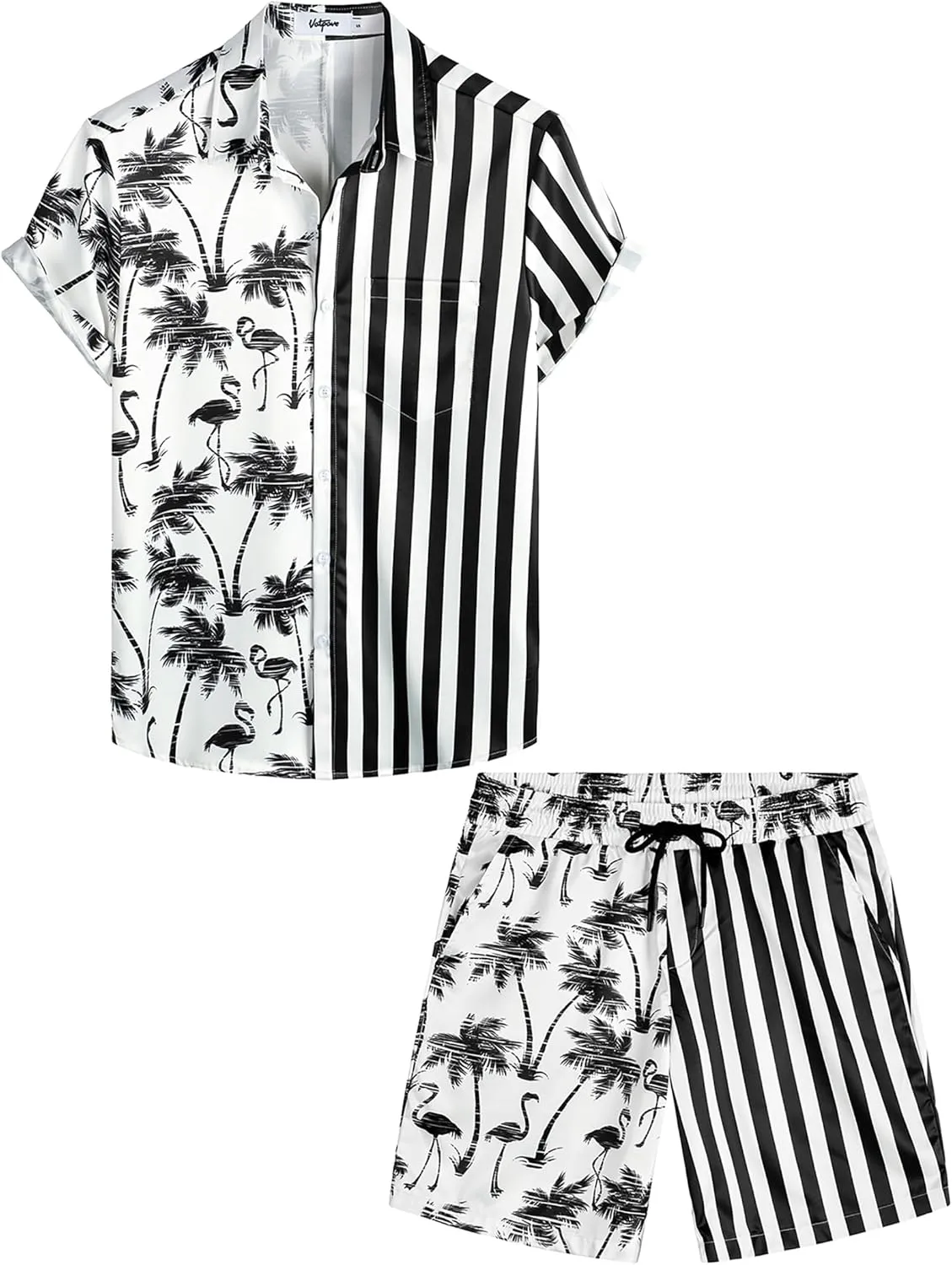VATPAVE Mens Flamingo Hawaiian Sets Casual Short Sleeve Button Down Shirts Beach Outfits