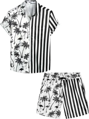 VATPAVE Mens Flamingo Hawaiian Sets Casual Short Sleeve Button Down Shirts Beach Outfits