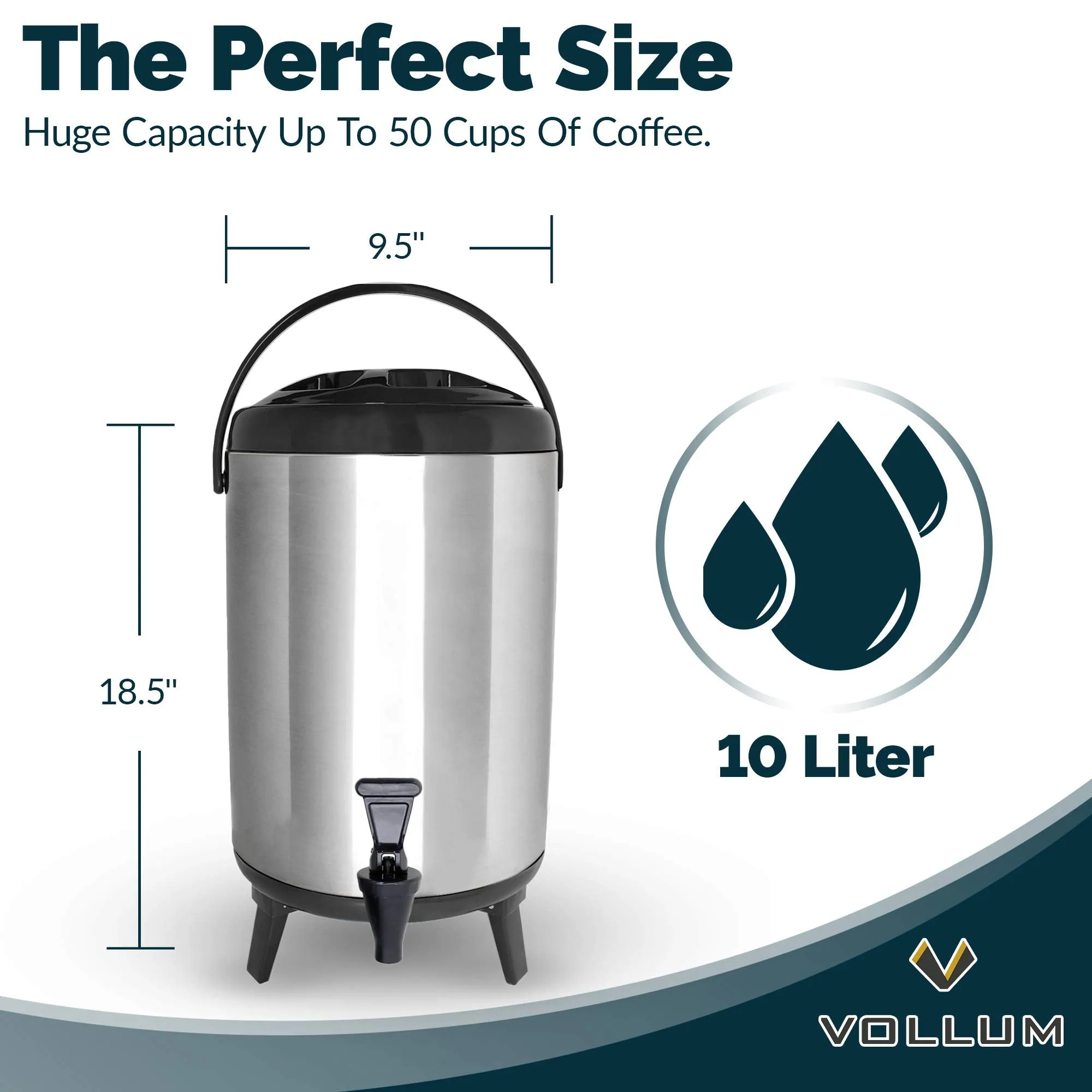 Vollum Stainles Steel Insulated Beverage Dispenser – Insulated Thermal Hot and Cold Beverage Dispenser – 12 Liter Drink Dispenser with Spigot for Hot Tea & Coffee, Cold Milk, Water, Juice & More BLACK