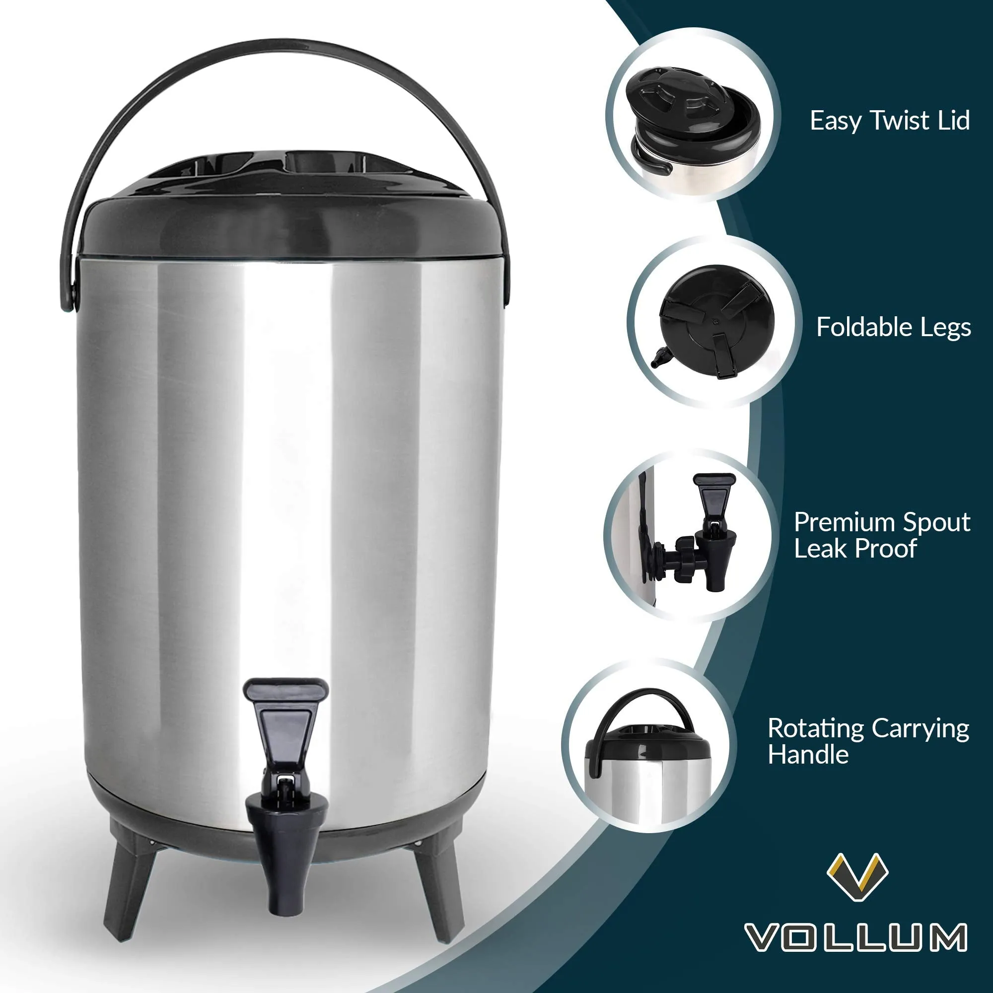 Vollum Stainles Steel Insulated Beverage Dispenser – Insulated Thermal Hot and Cold Beverage Dispenser – 12 Liter Drink Dispenser with Spigot for Hot Tea & Coffee, Cold Milk, Water, Juice & More BLACK