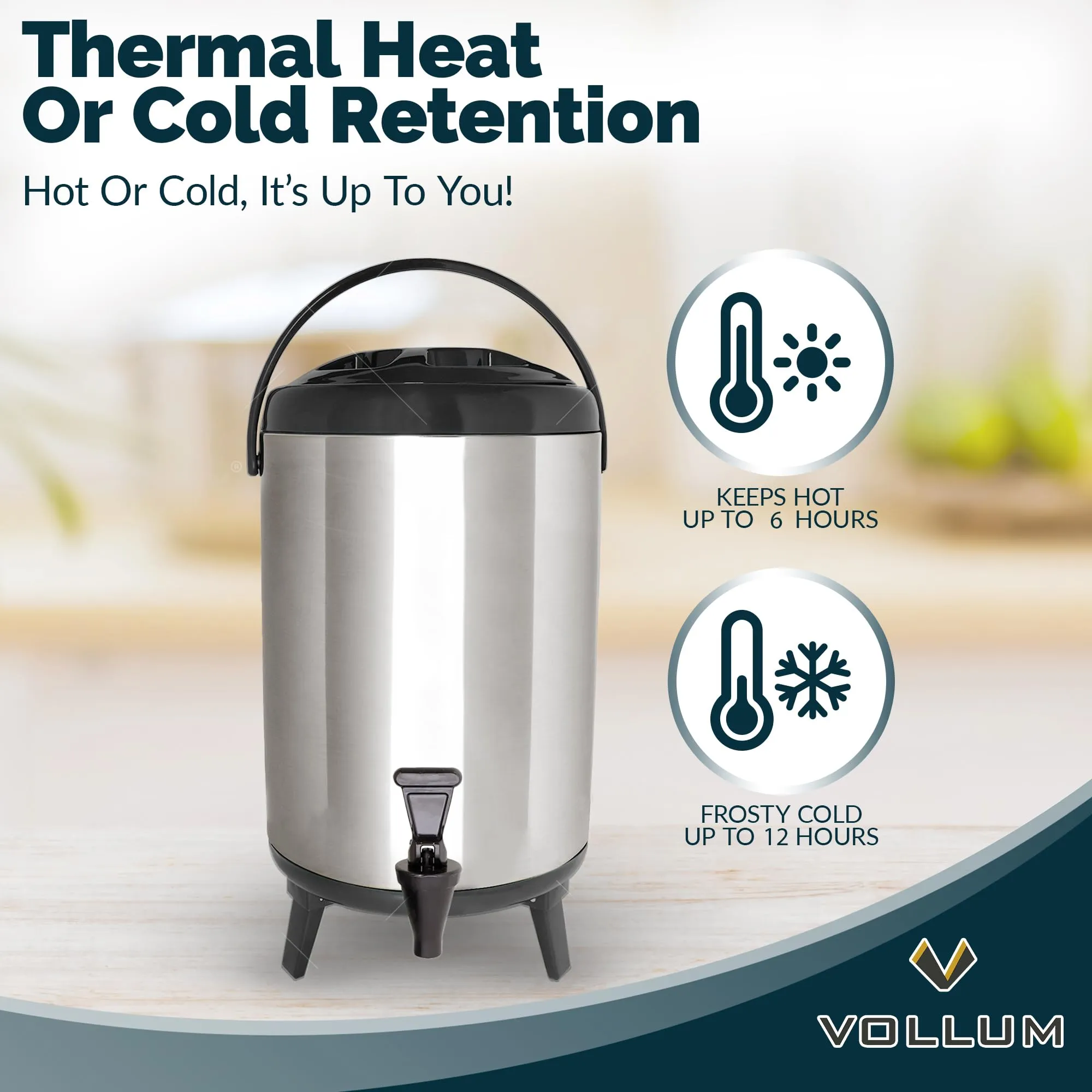 Vollum Stainles Steel Insulated Beverage Dispenser – Insulated Thermal Hot and Cold Beverage Dispenser – 12 Liter Drink Dispenser with Spigot for Hot Tea & Coffee, Cold Milk, Water, Juice & More BLACK