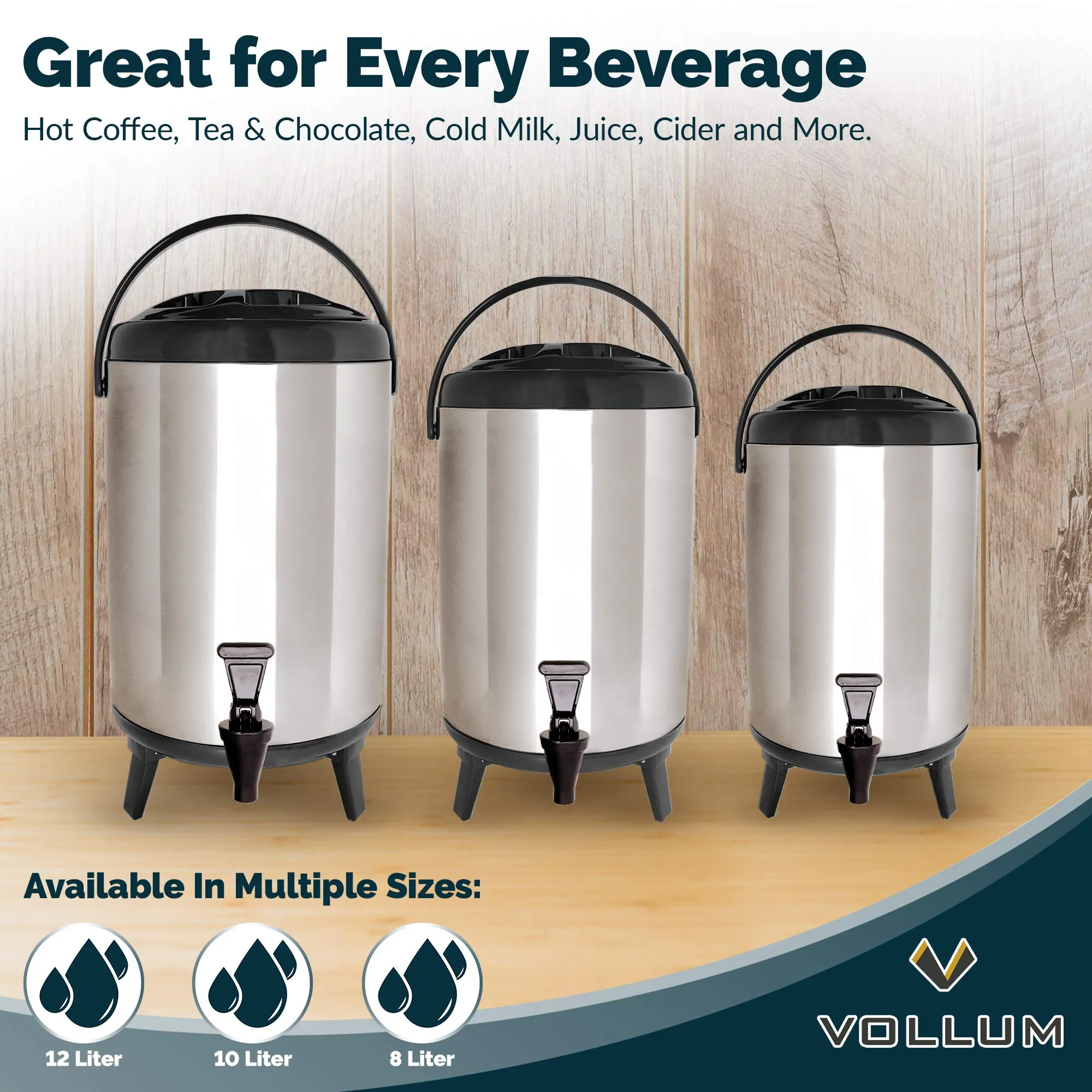 Vollum Stainles Steel Insulated Beverage Dispenser – Insulated Thermal Hot and Cold Beverage Dispenser – 12 Liter Drink Dispenser with Spigot for Hot Tea & Coffee, Cold Milk, Water, Juice & More BLACK