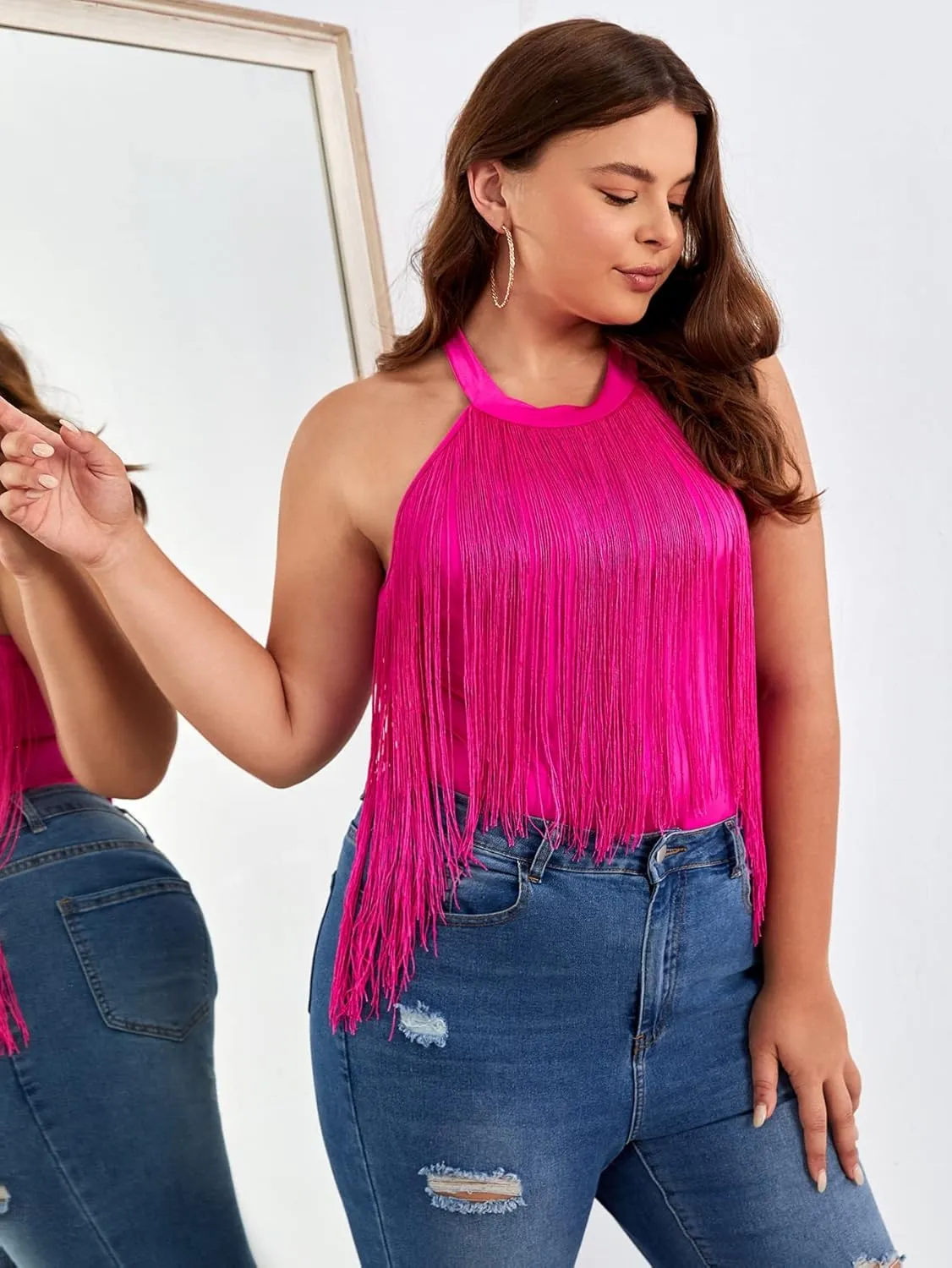 WDIRARA Women's Plus Size Fringe Trim Halter Neck Sleeveless Solid Bodysuit Top