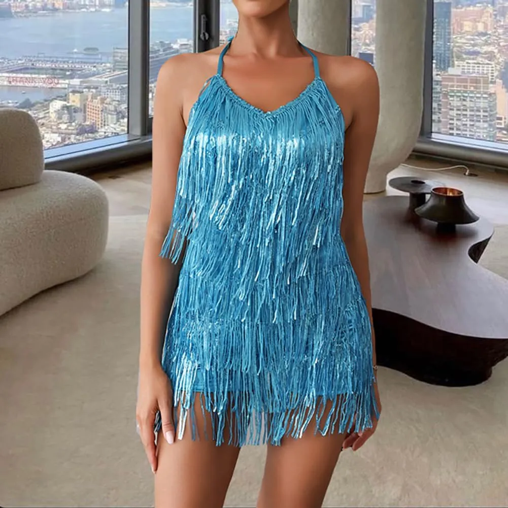 Women Halter Tassel Fringe Romper Layered Fringe Mini Dress Sexy Backless Short Jumpsuit Playsuit Disco Birthday Dance Outfit