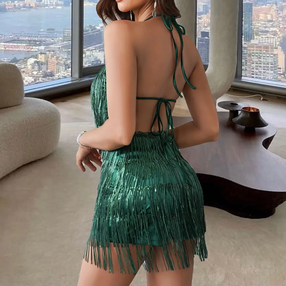 Women Halter Tassel Fringe Romper Layered Fringe Mini Dress Sexy Backless Short Jumpsuit Playsuit Disco Birthday Dance Outfit