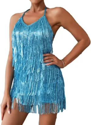Women Halter Tassel Fringe Romper Layered Fringe Mini Dress Sexy Backless Short Jumpsuit Playsuit Disco Birthday Dance Outfit