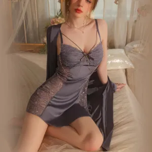 Women Ladies Silk Sexy Lace Lingerie Sleepwear Nightdress Satin  V-Neck Robes Babydoll Nightwear Grey