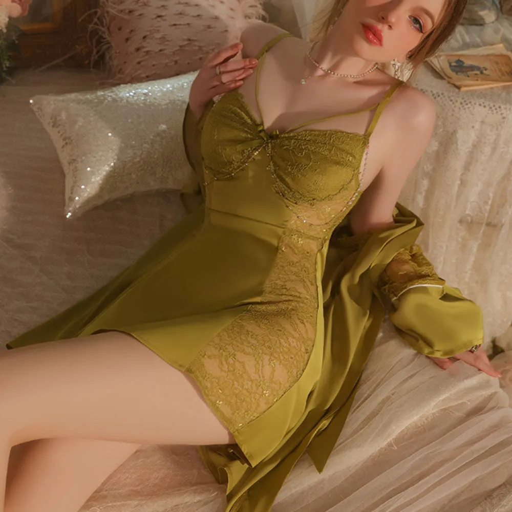 Women Ladies Silk Sexy Lace Lingerie Sleepwear Nightdress Satin  V-Neck Robes Babydoll Nightwear Mint