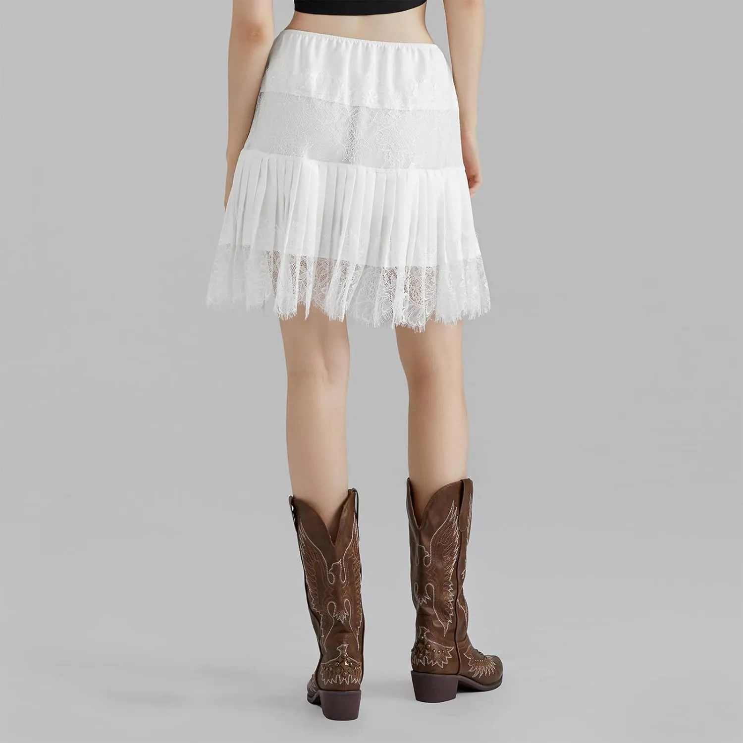 Women Y2k Lace Mini Skirt Low Rise Pleated Ruffle Half Slip Skirt Layered Flowy Short Skirt Streetwear