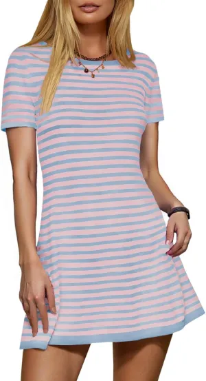 Women's 2025 Spring Summer Striped Sweater Dress Casual Crewneck Short Sleeve Ribbed Knit Bodycon Mini Dresses