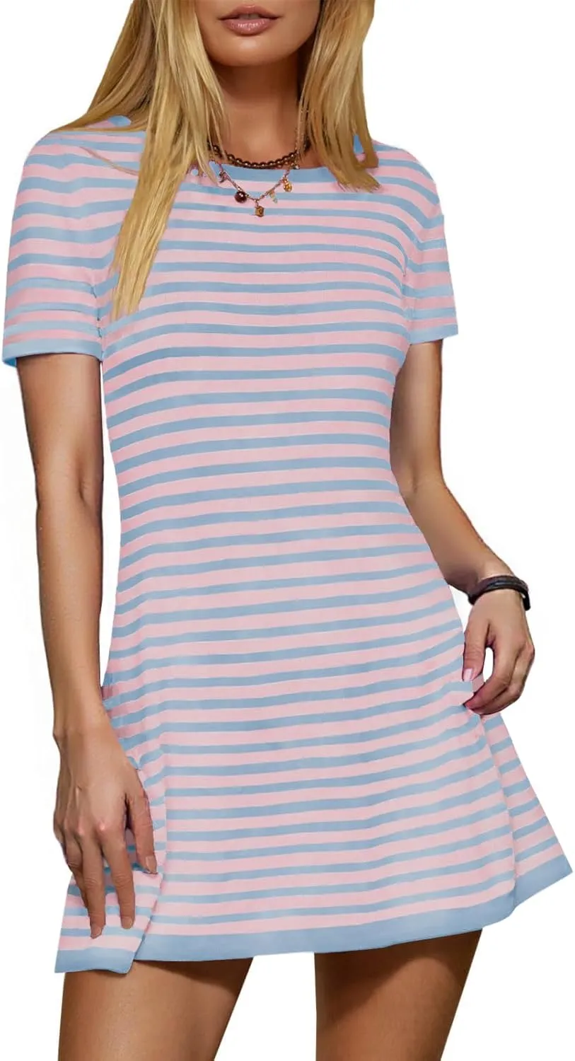 Women's 2025 Spring Summer Striped Sweater Dress Casual Crewneck Short Sleeve Ribbed Knit Bodycon Mini Dresses