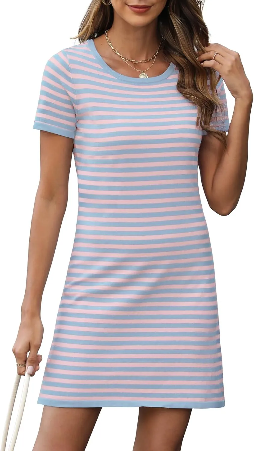 Women's 2025 Spring Summer Striped Sweater Dress Casual Crewneck Short Sleeve Ribbed Knit Bodycon Mini Dresses