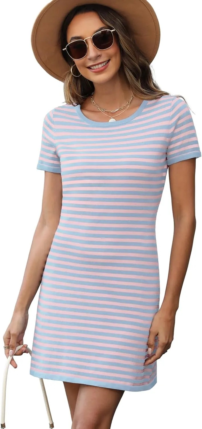 Women's 2025 Spring Summer Striped Sweater Dress Casual Crewneck Short Sleeve Ribbed Knit Bodycon Mini Dresses