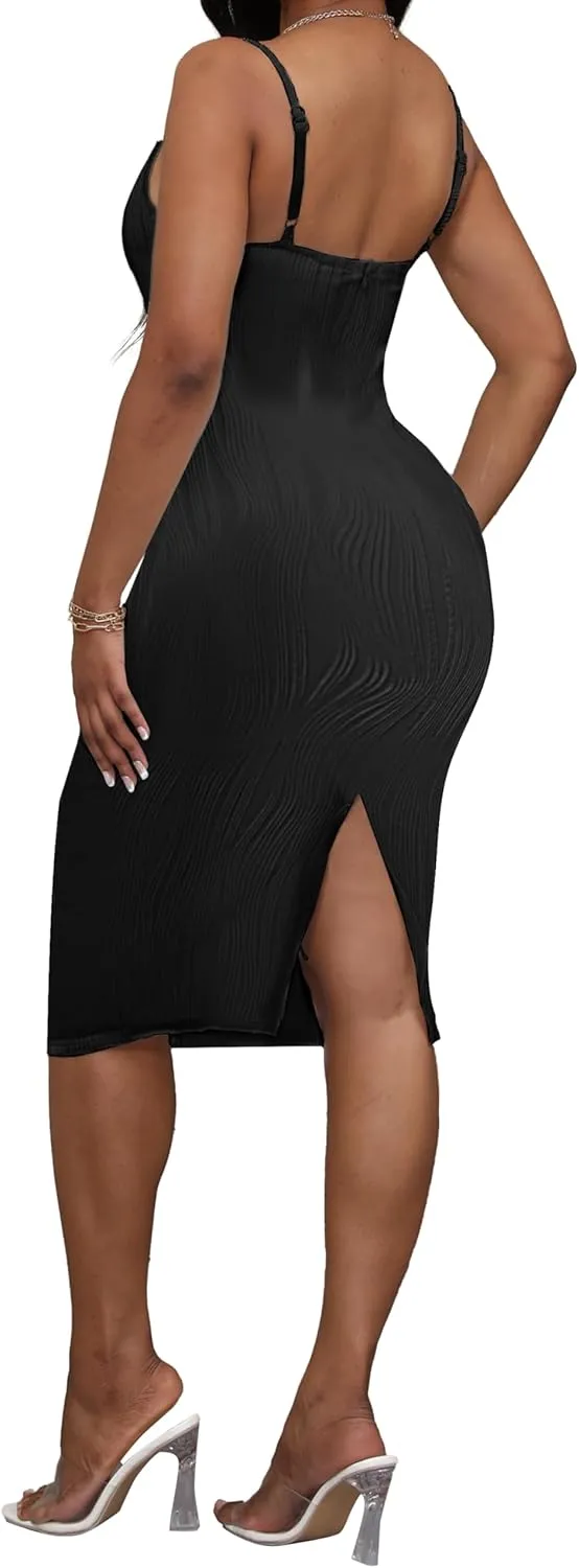 Women's Sleeveless Sexy Split Hem Slip Dresses Bodycon Midi Dres