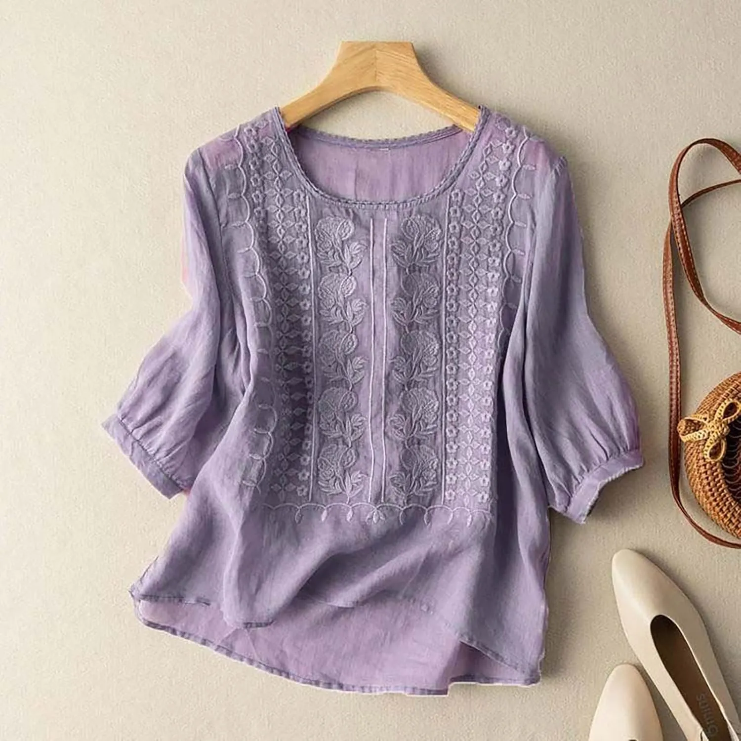 Womens Tops 2025 3/4 Sleeve Tunic Tops Casual Peplum Flowy Shirts Oversized Linen Boho Blouses Beach Vacation Blouse