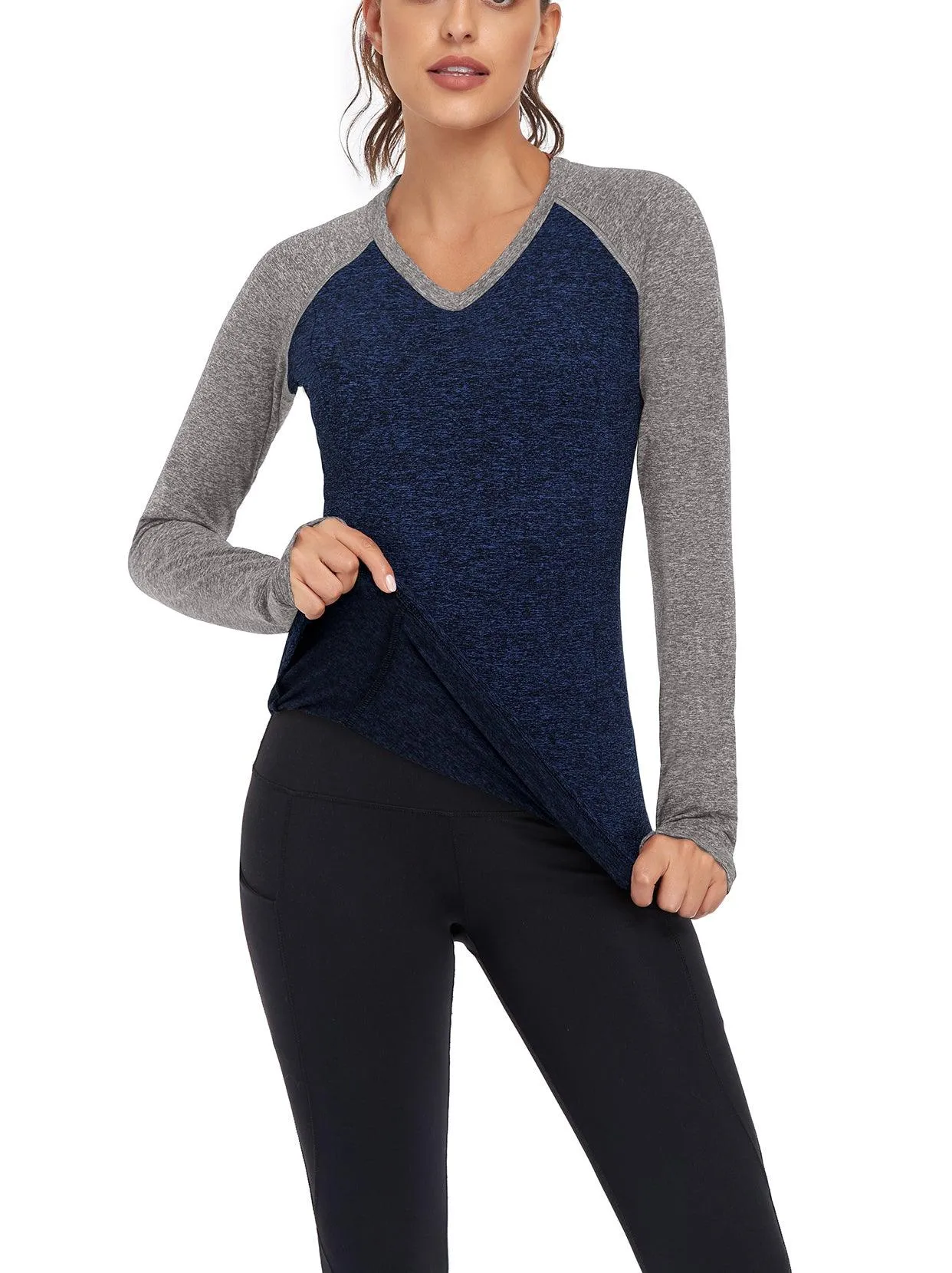 Women's V-neck Long-sleeve Fleece Top with Thumbholes