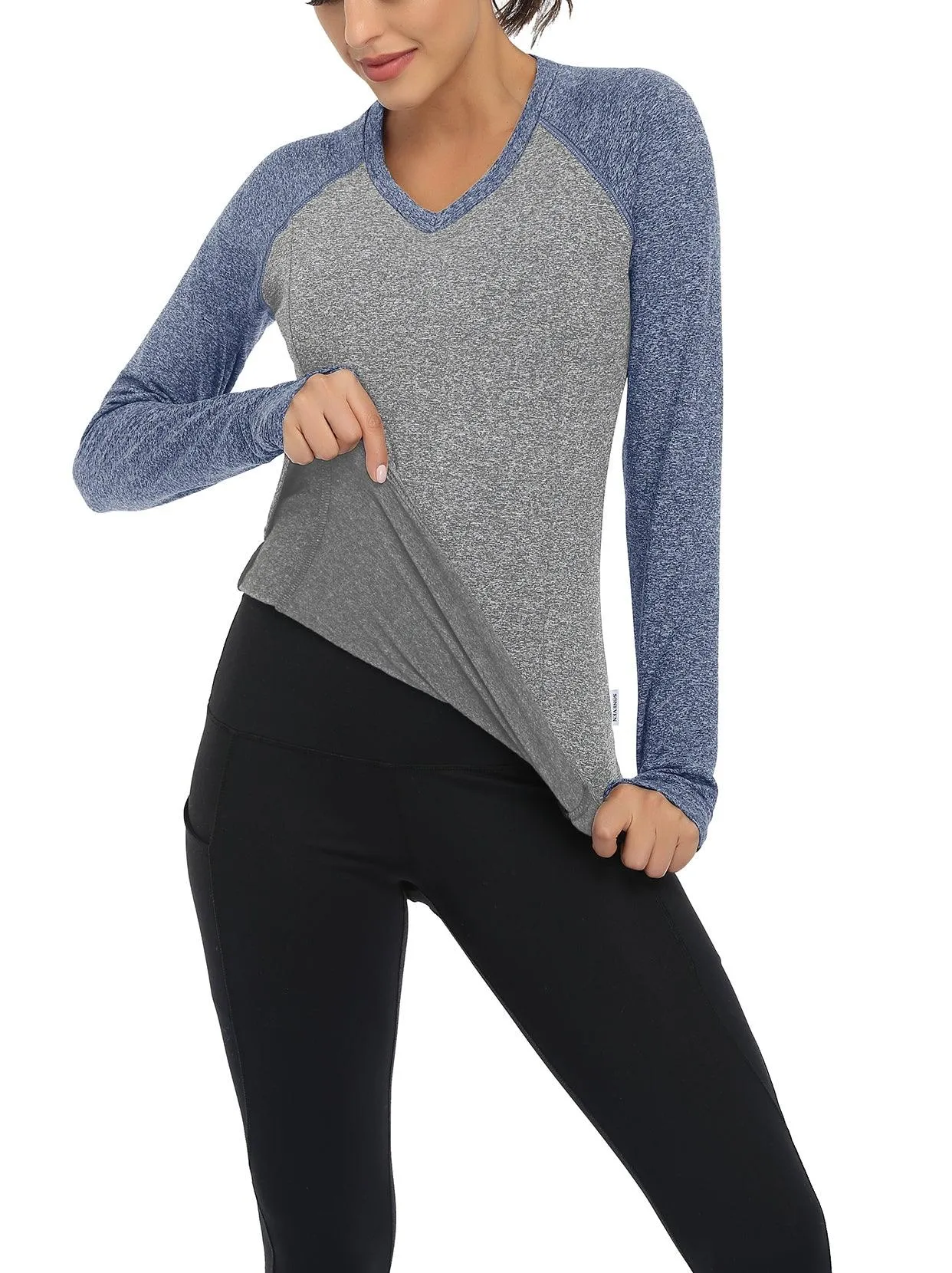 Women's V-neck Long-sleeve Fleece Top with Thumbholes