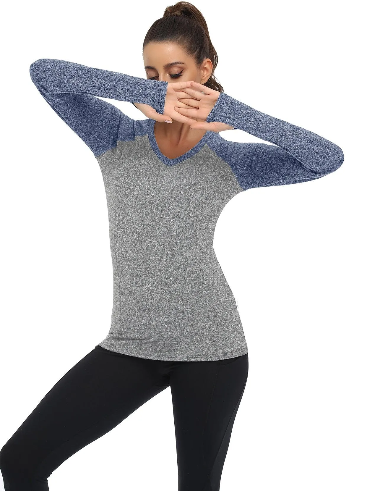 Women's V-neck Long-sleeve Fleece Top with Thumbholes