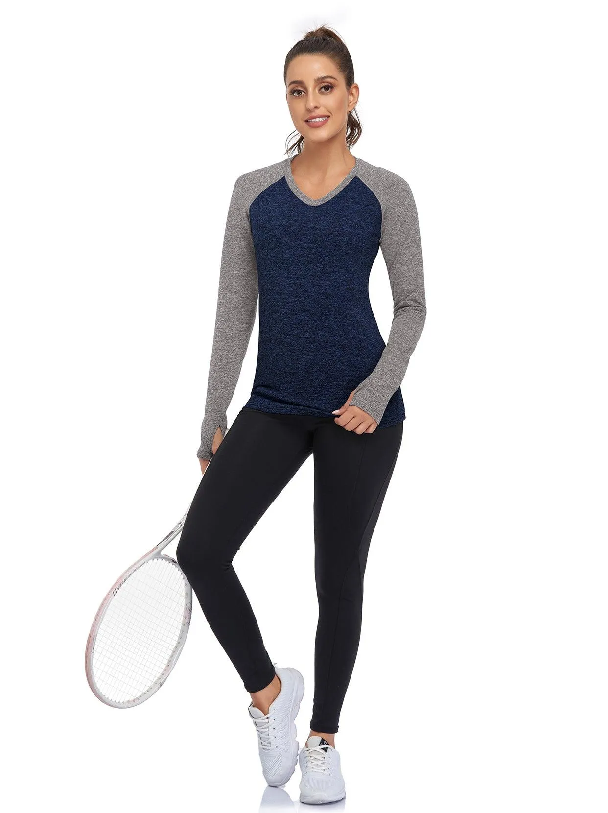 Women's V-neck Long-sleeve Fleece Top with Thumbholes