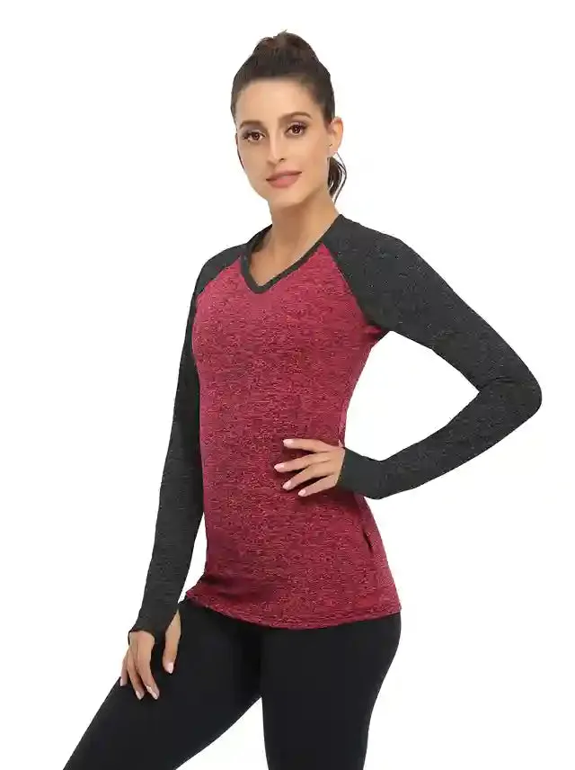 Women's V-neck Long-sleeve Fleece Top with Thumbholes