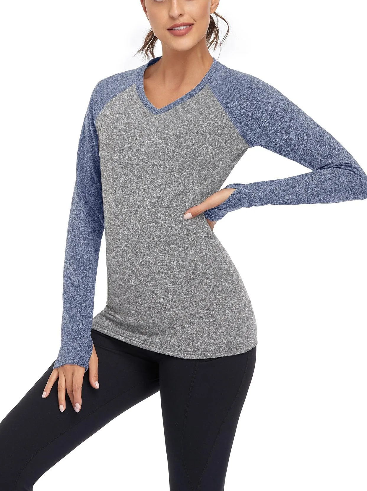 Women's V-neck Long-sleeve Fleece Top with Thumbholes