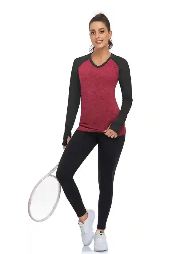 Women's V-neck Long-sleeve Fleece Top with Thumbholes