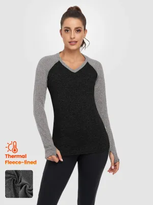 Women's V-neck Long-sleeve Fleece Top with Thumbholes