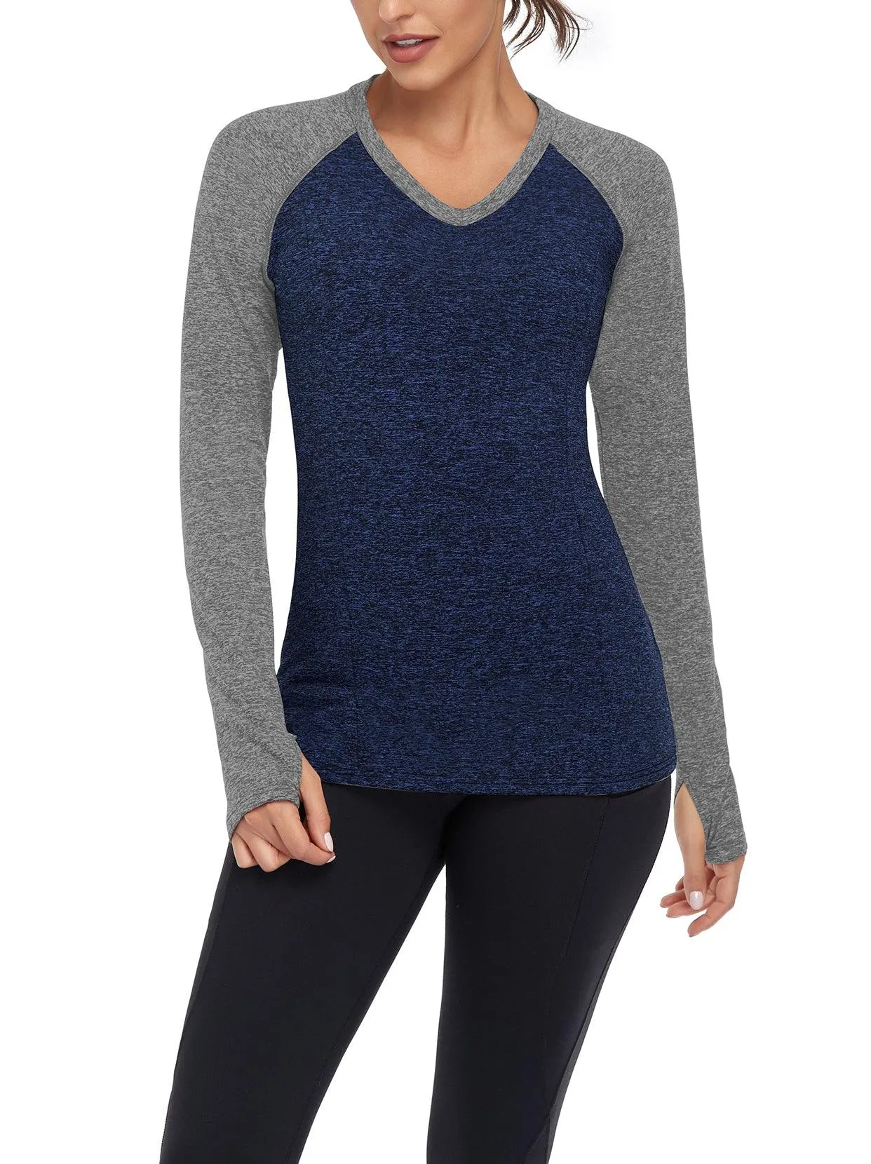 Women's V-neck Long-sleeve Fleece Top with Thumbholes