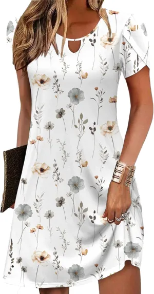 Zeagoo Women's Casual A-Line Dresses with Pockets Summer Floral Tshirt Dress Short Sleeve Mini Dress Flowy Sundresses
