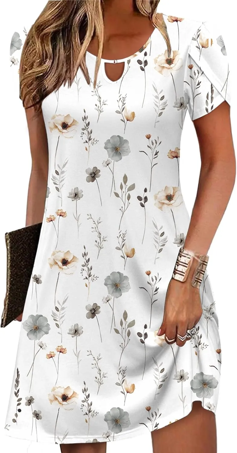 Zeagoo Women's Casual A-Line Dresses with Pockets Summer Floral Tshirt Dress Short Sleeve Mini Dress Flowy Sundresses