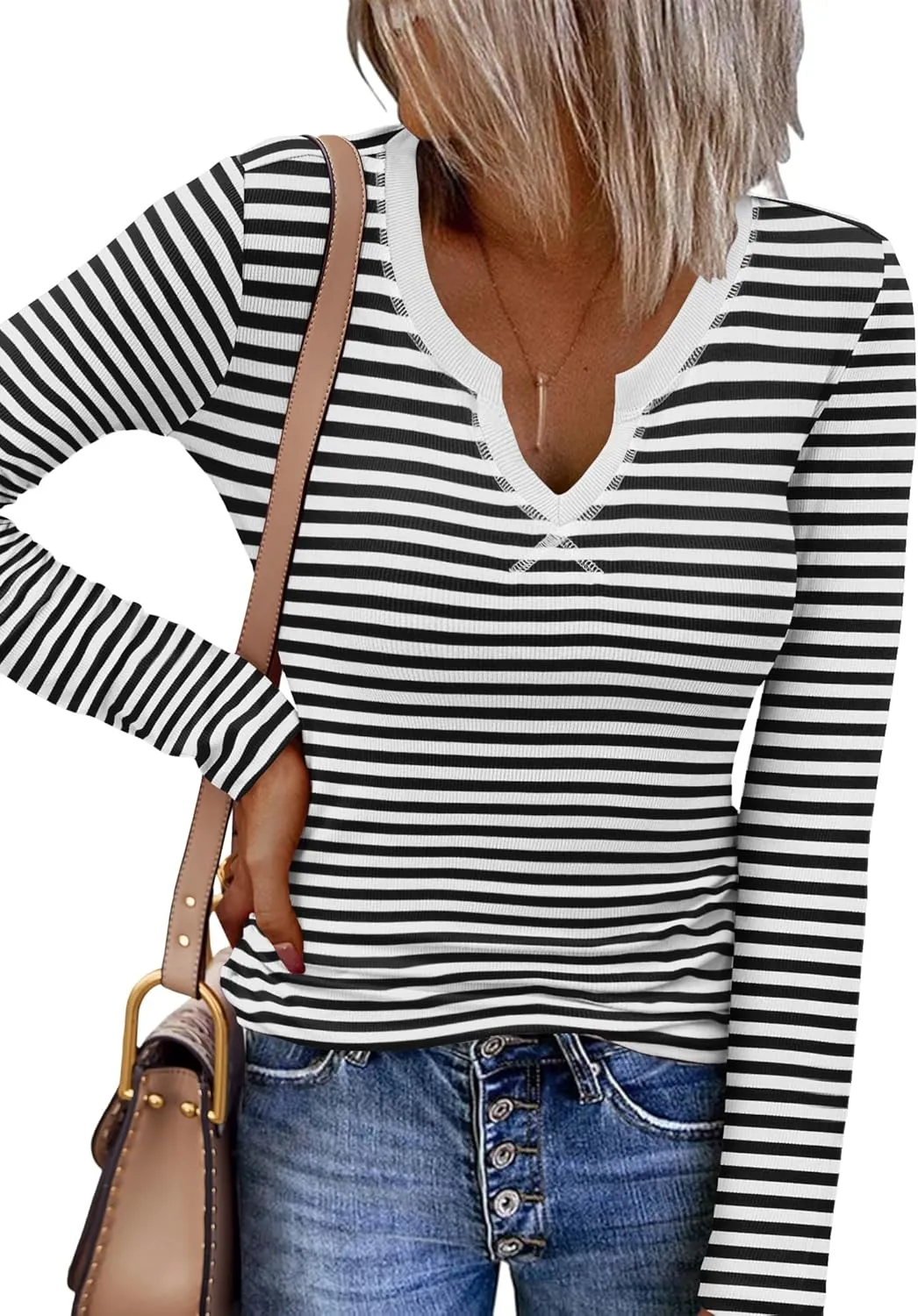 Zeagoo Womens Long Sleeve Shirts V-Neck Slim Fitted Knit Top Stretch Ribbed Basic Tee Casual Y2k Going Out T-Shirt