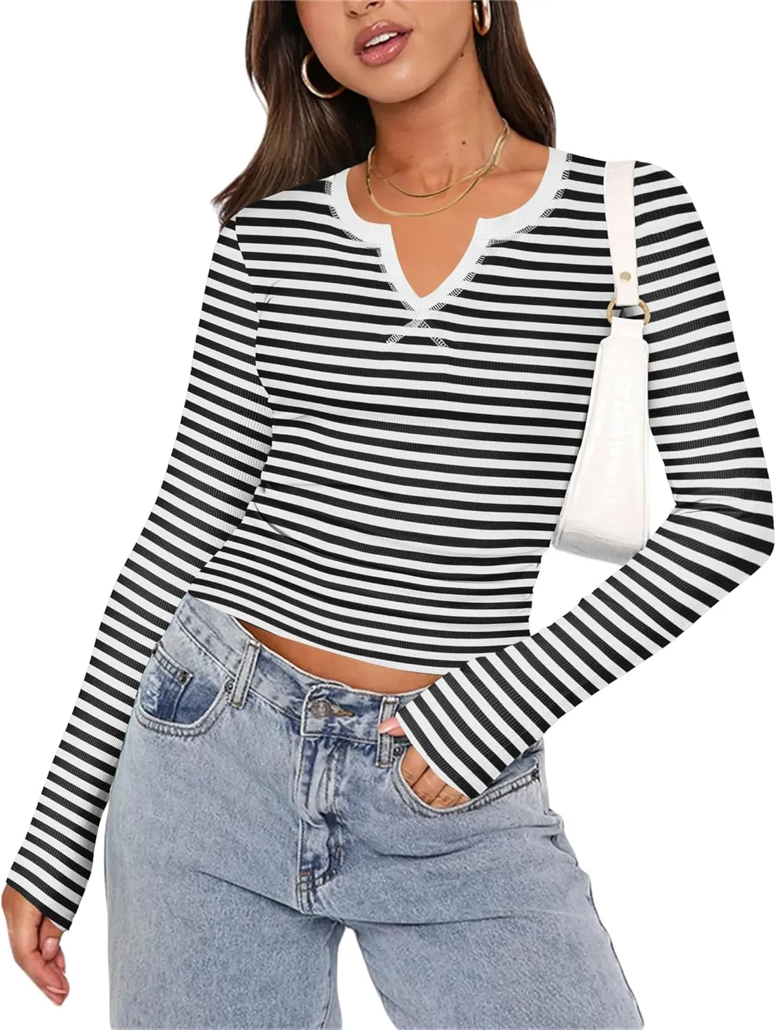 Zeagoo Womens Long Sleeve Shirts V-Neck Slim Fitted Knit Top Stretch Ribbed Basic Tee Casual Y2k Going Out T-Shirt