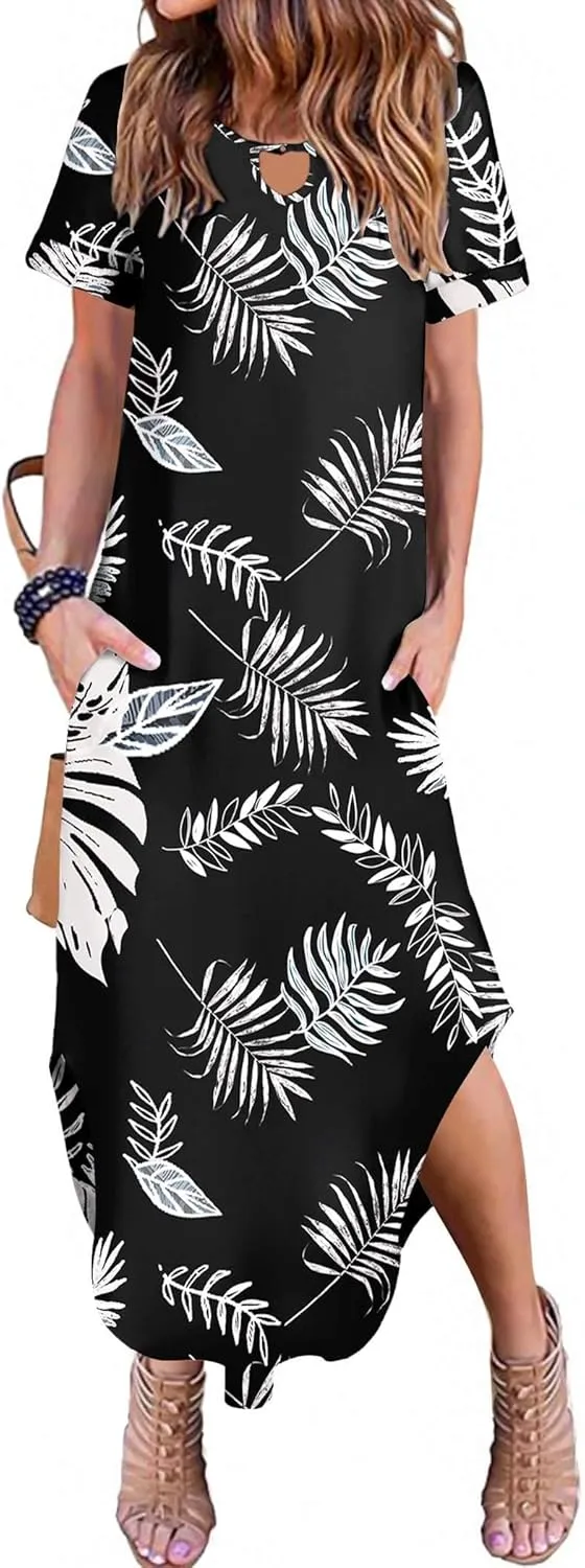 Zeagoo Womens Maxi Summer Dress with Pockets Casual Short Sleeve Sundress Trendy 2025 Curve Hem Long Dresss