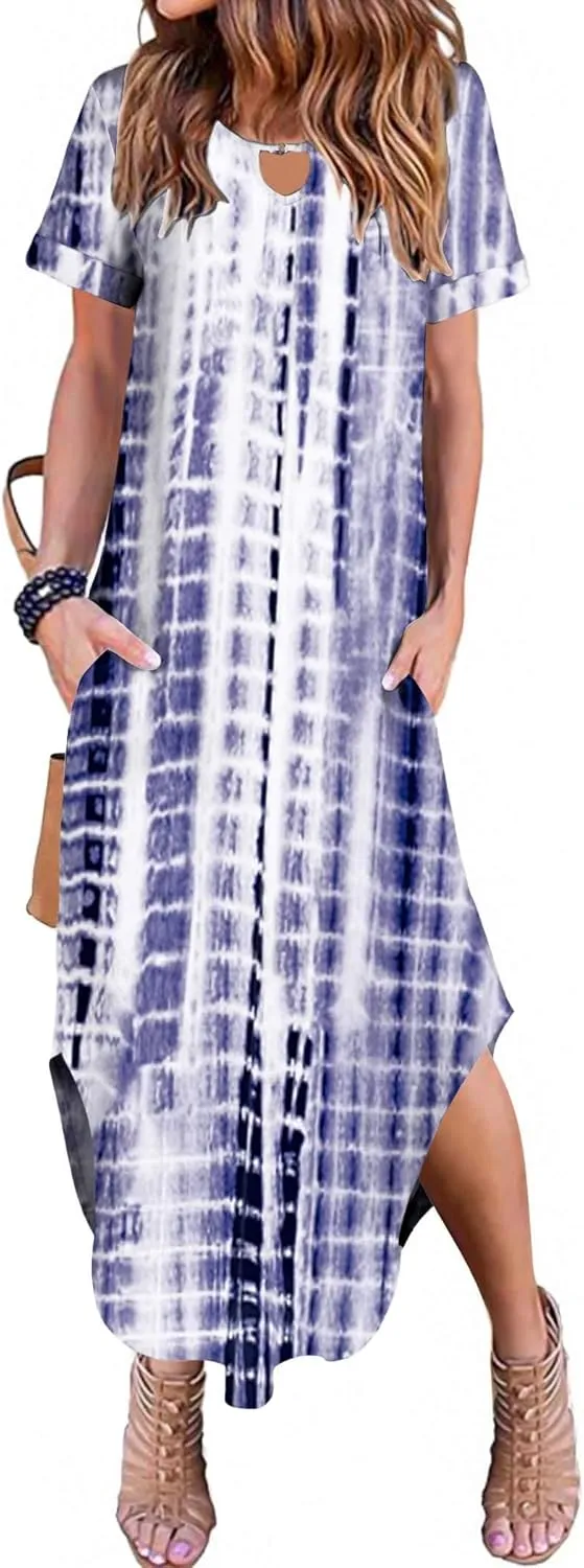 Zeagoo Womens Maxi Summer Dress with Pockets Casual Short Sleeve Sundress Trendy 2025 Curve Hem Long Dresss