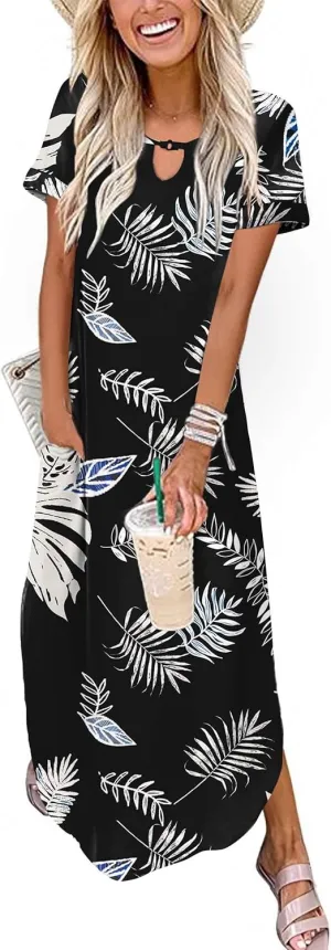 Zeagoo Womens Maxi Summer Dress with Pockets Casual Short Sleeve Sundress Trendy 2025 Curve Hem Long Dresss