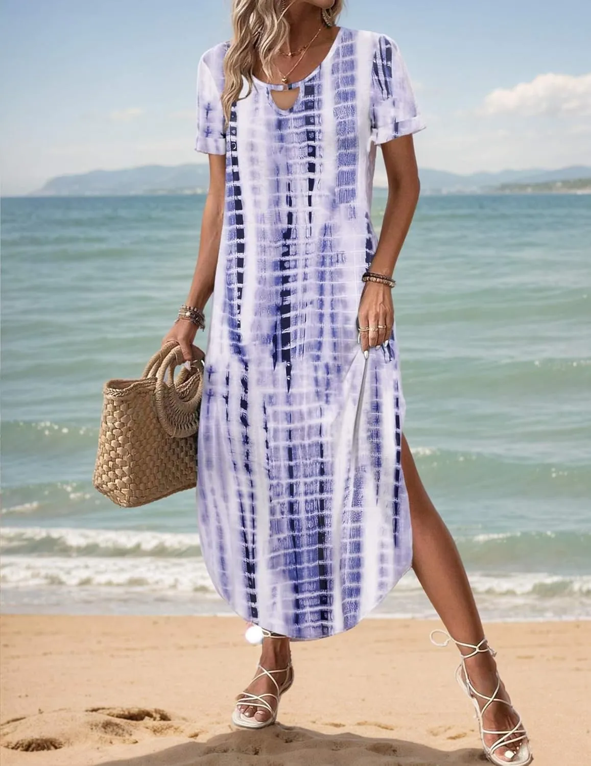 Zeagoo Womens Maxi Summer Dress with Pockets Casual Short Sleeve Sundress Trendy 2025 Curve Hem Long Dresss