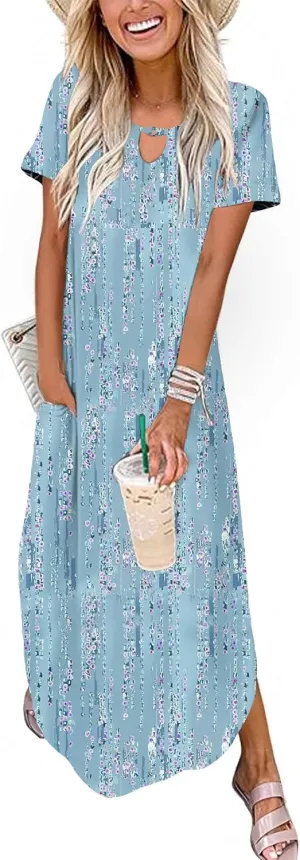 Zeagoo Womens Maxi Summer Dress with Pockets Casual Short Sleeve Sundress Trendy 2025 Curve Hem Long Dresss