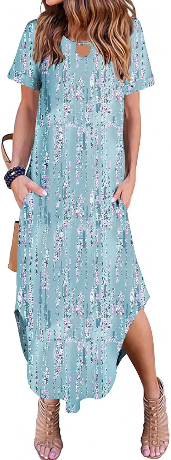Zeagoo Womens Maxi Summer Dress with Pockets Casual Short Sleeve Sundress Trendy 2025 Curve Hem Long Dresss
